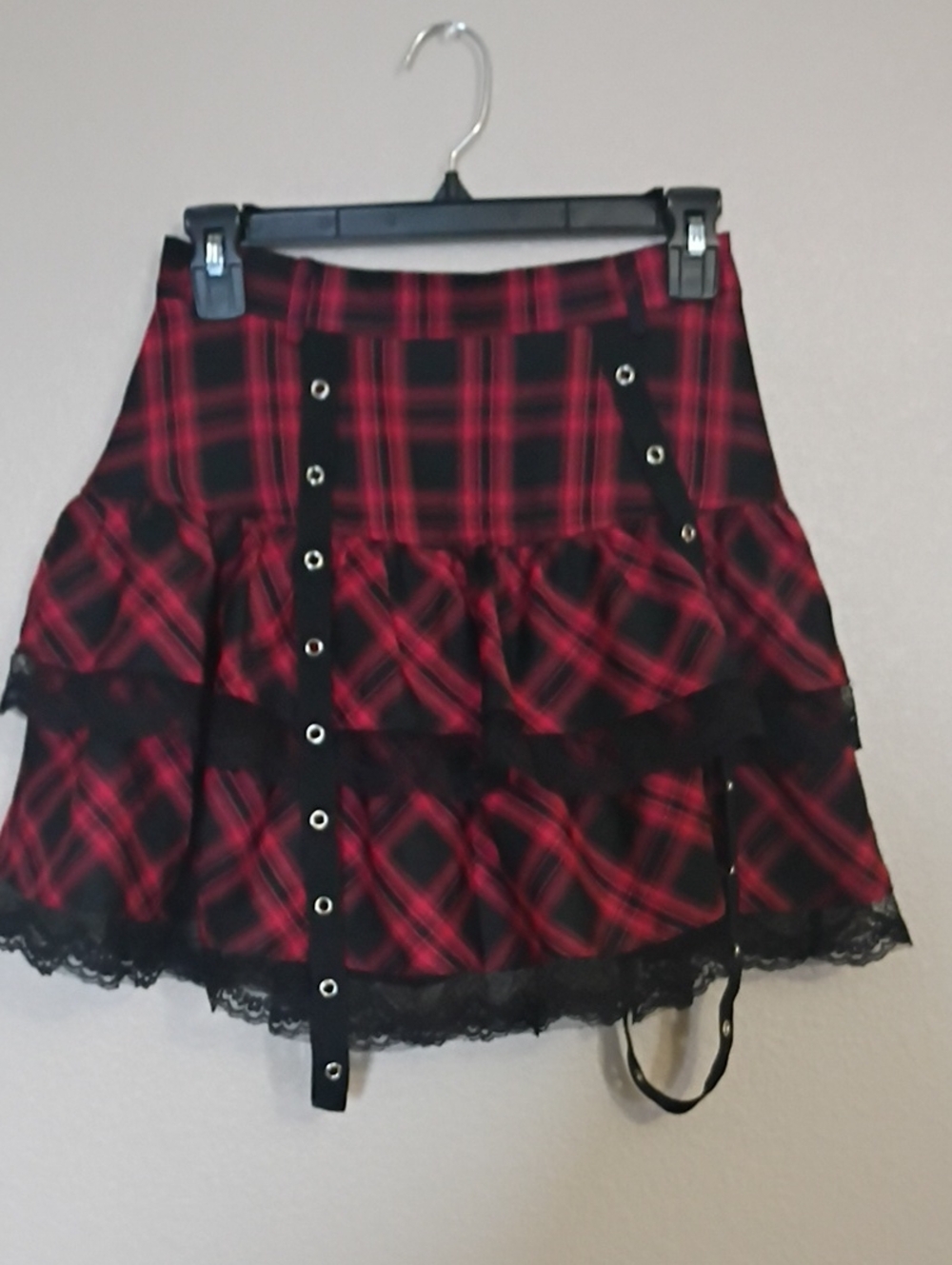 Red & Black Plaid Lace Trim Two-Piece Set Shirt And Skirt - Picture 6 of 7